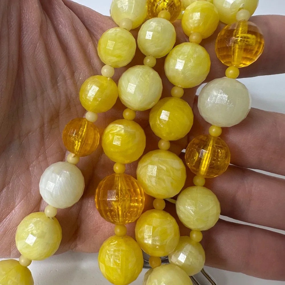 Vintage Yellow Beaded‎ Four Strand Statement Necklace Plastic Layered Sunny Mod